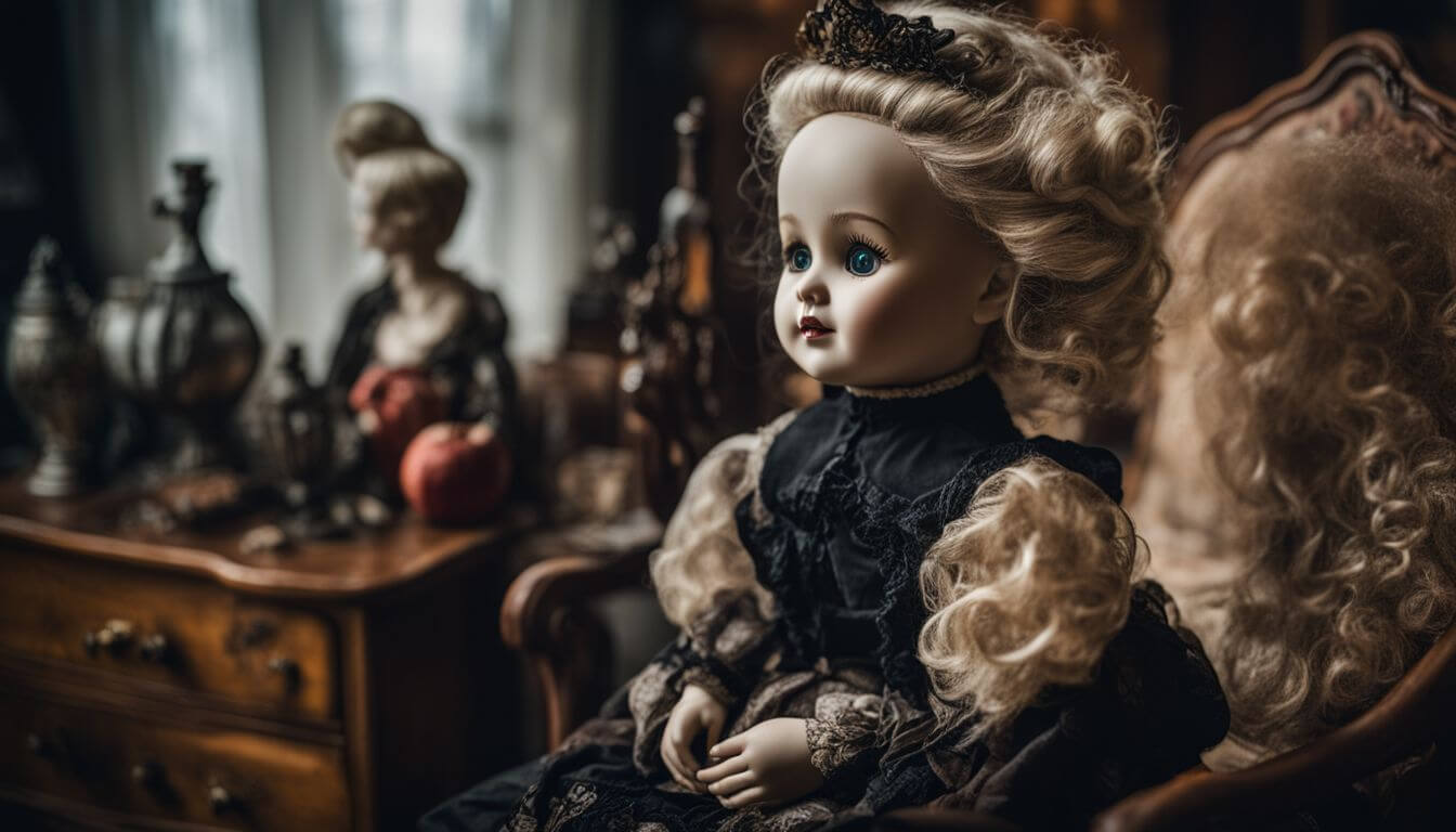 A creepy old doll in a dimly lit room surrounded by spooky furniture.