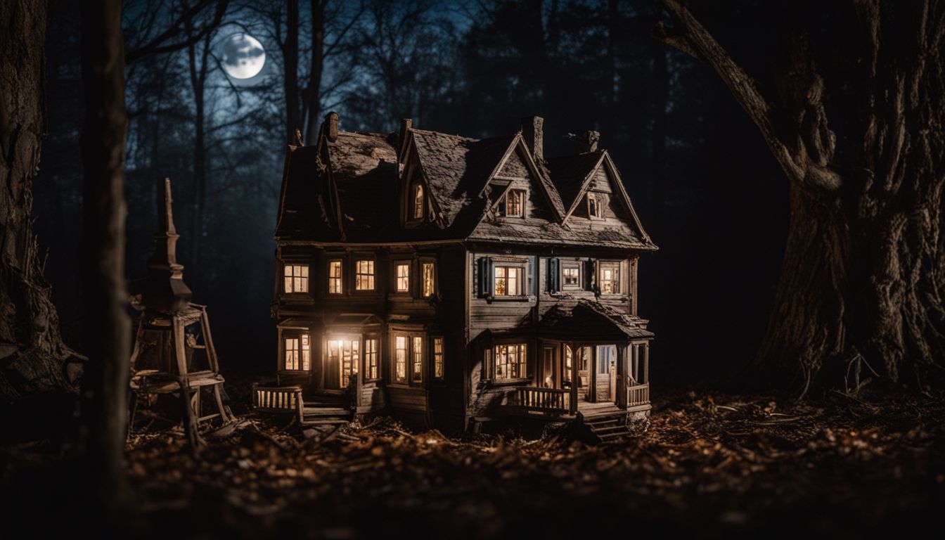 An eerie, abandoned dollhouse in the dark woods under moonlight.