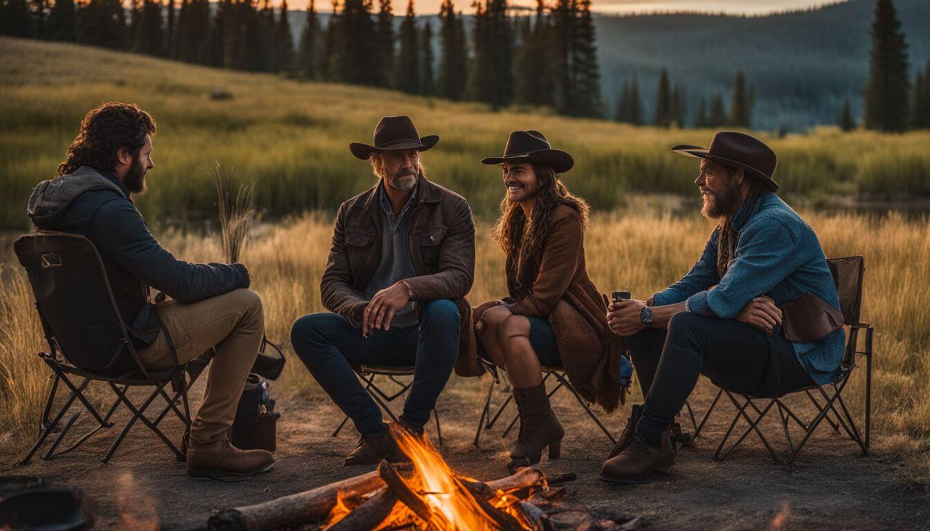 The main cast of Yellowstone gathered around a campfire at sunset.