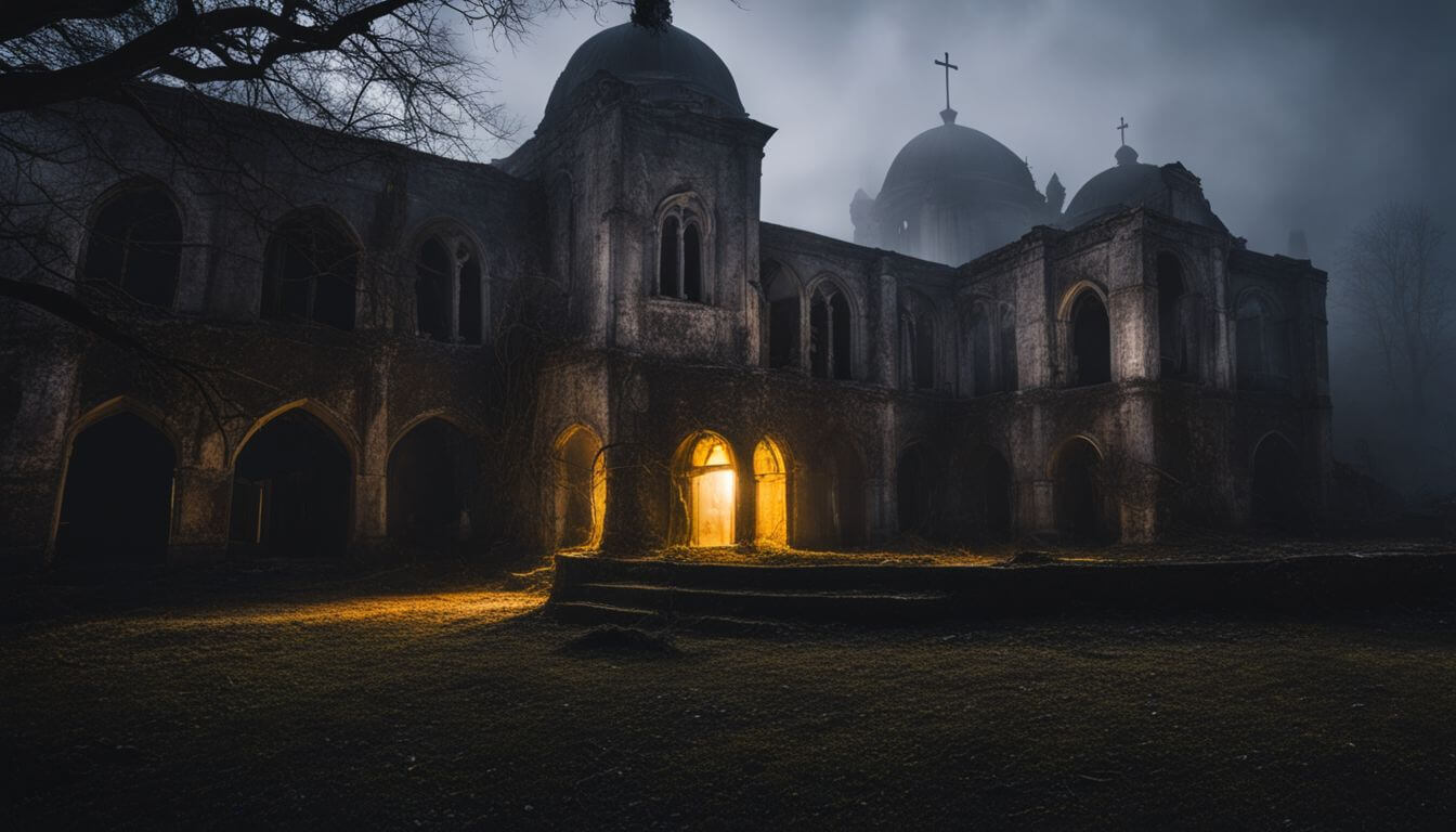 An eerie abandoned convent at night with different people in different styles.