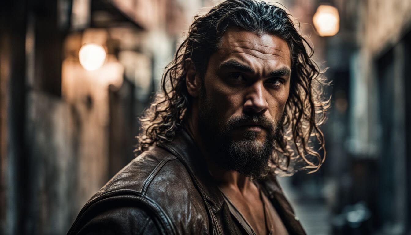 A photo of Jason Momoa in a mysterious urban setting.