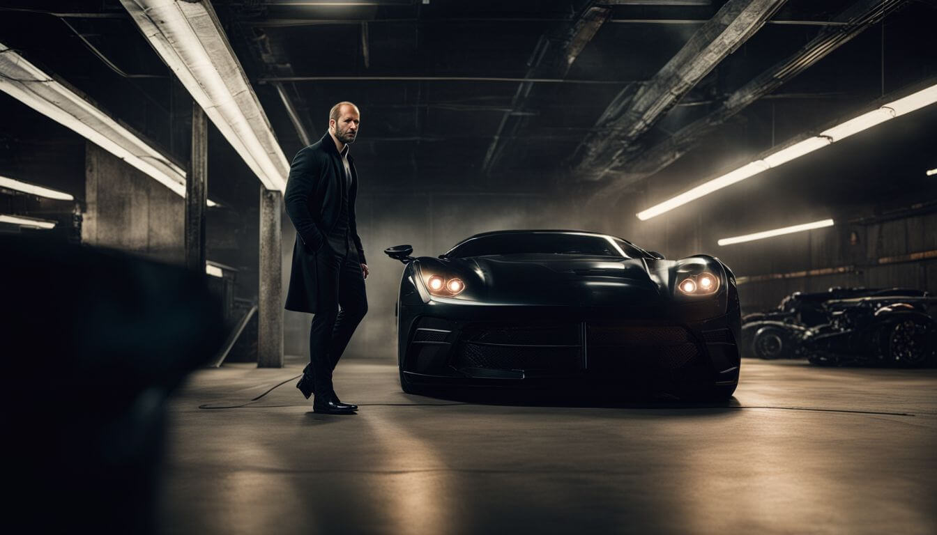 Jason Statham as Shaw posing next to a black sports car.