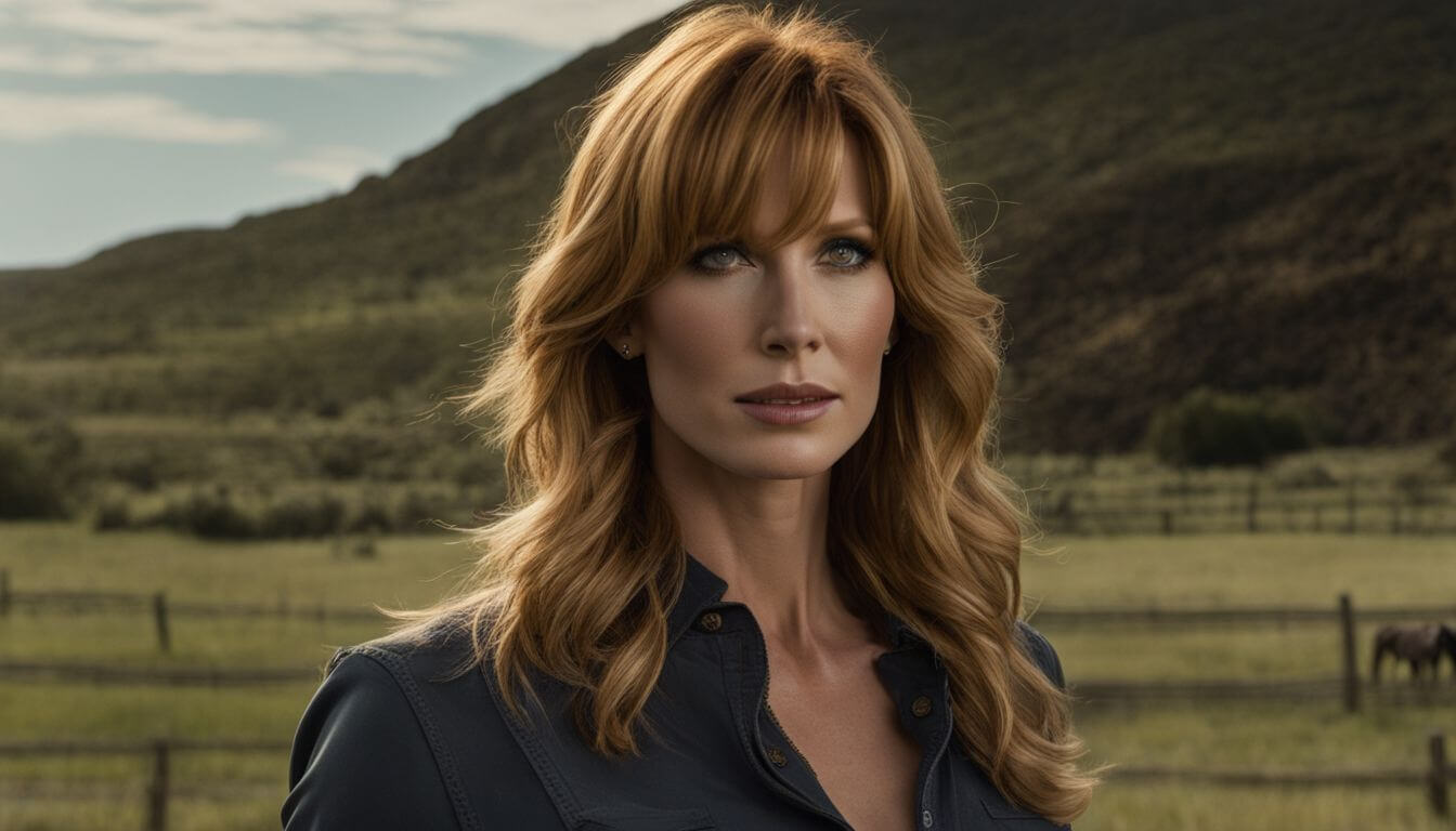 Kelly Reilly as Beth Dutton standing in front of the Dutton Ranch.