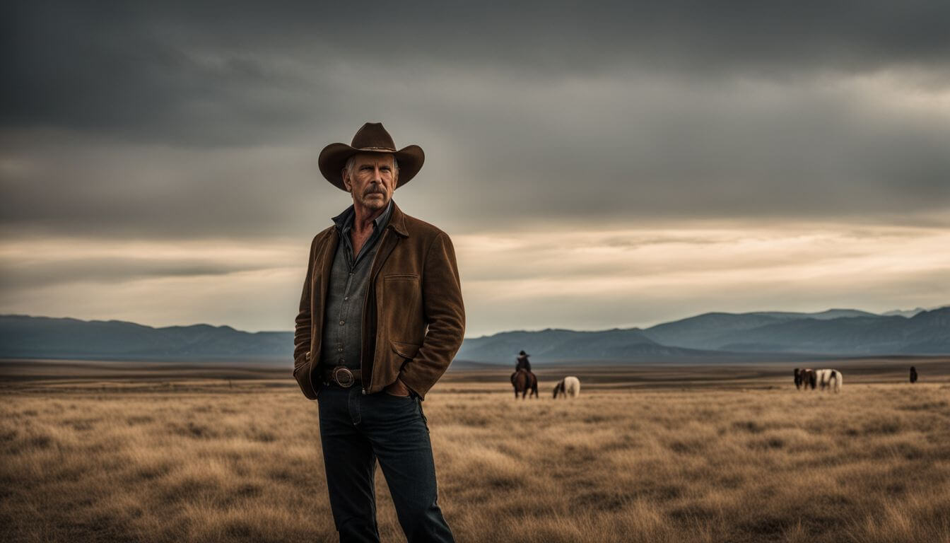 Kevin Costner as John Dutton on a rugged ranch in a cinematic photo.