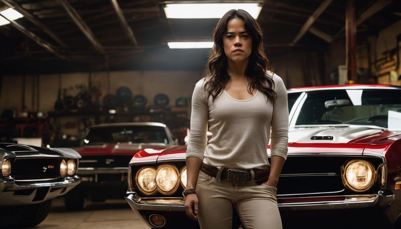 Michelle Rodriguez as Letty Ortiz standing defiantly in a garage with muscle cars.