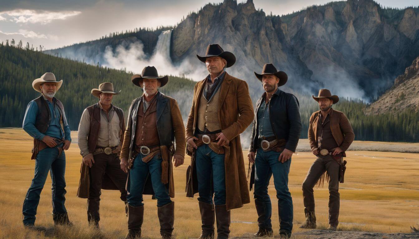 A group of actors in cowboy attire pose in front of the Yellowstone backdrop.