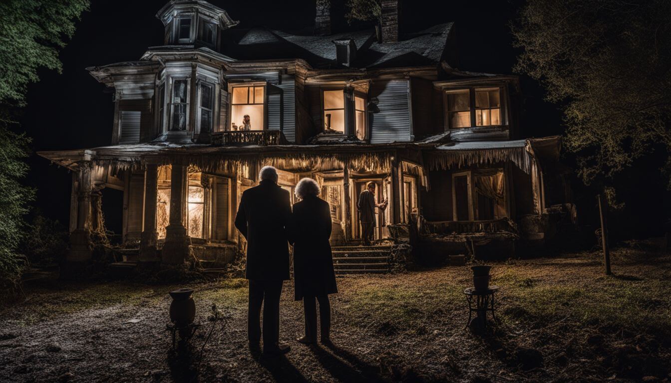 Ed and Lorraine Warren investigating a haunted house at night.