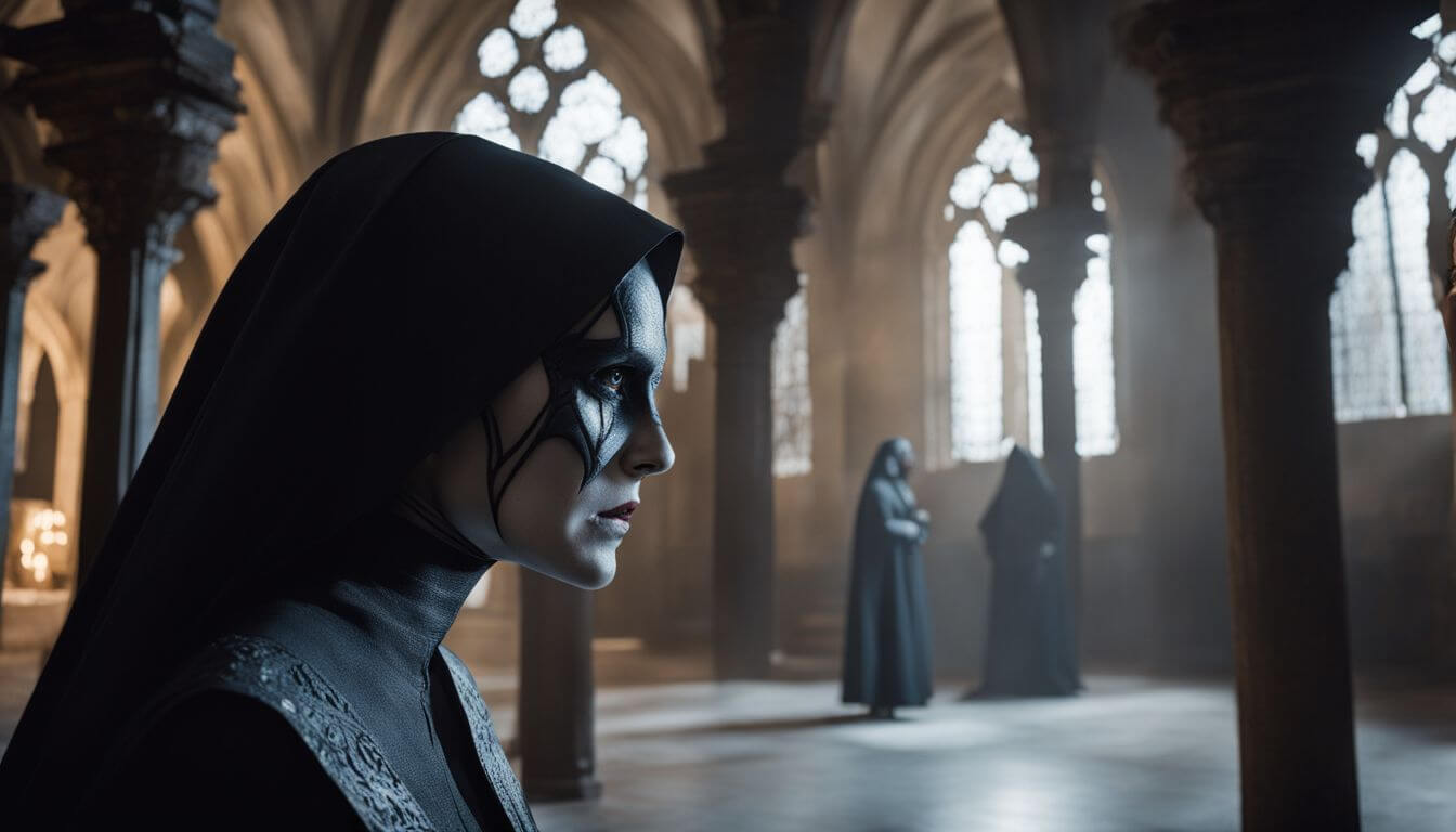 Sister Irene confronting Valak in eerie abbey.