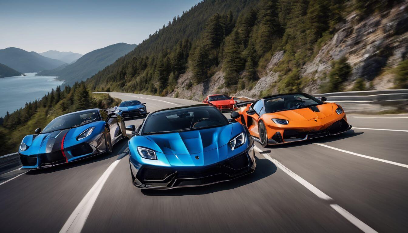 A group of high-performance sports cars racing through a mountain road.