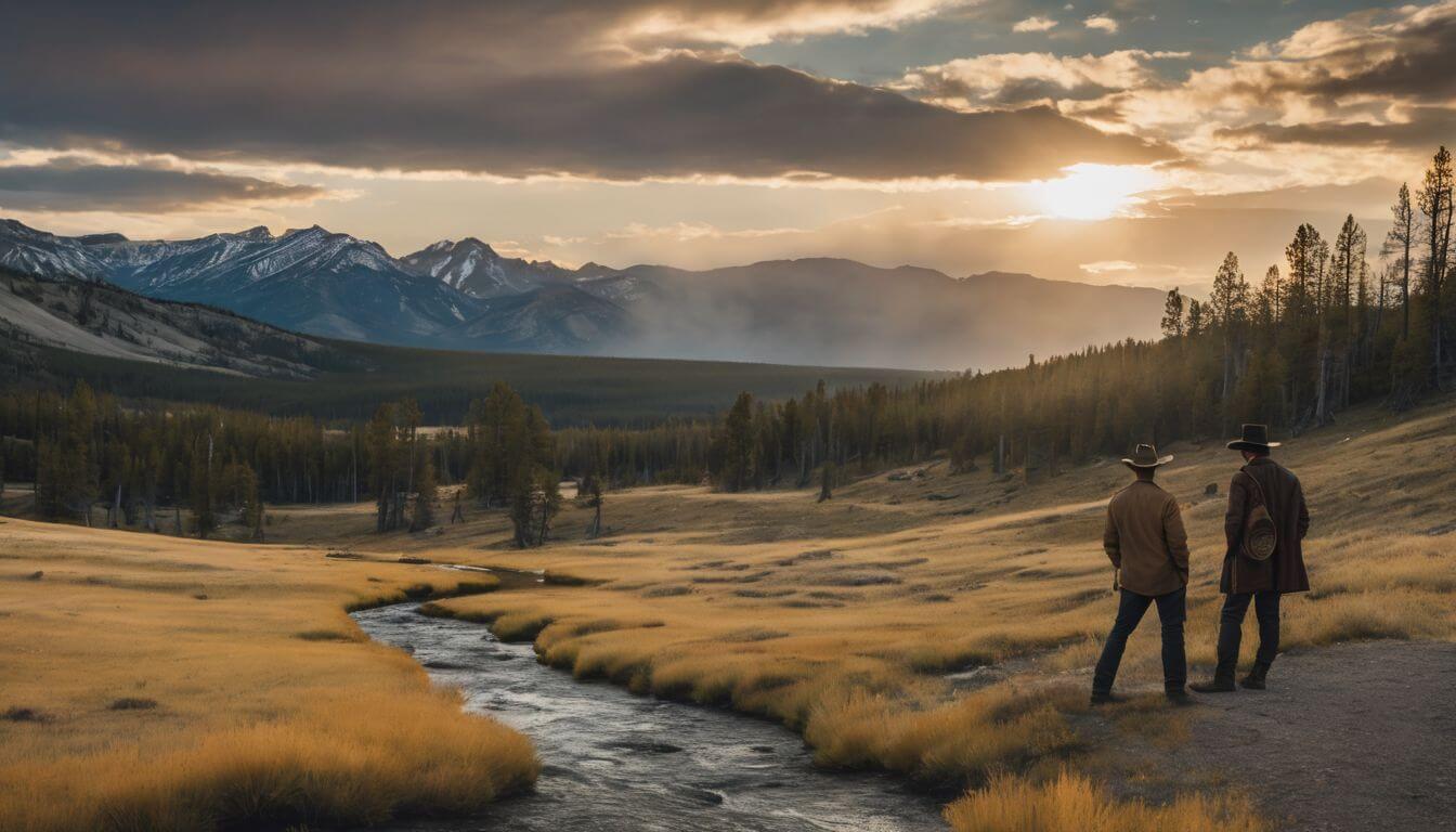 The main characters of Yellowstone in a rugged western landscape.